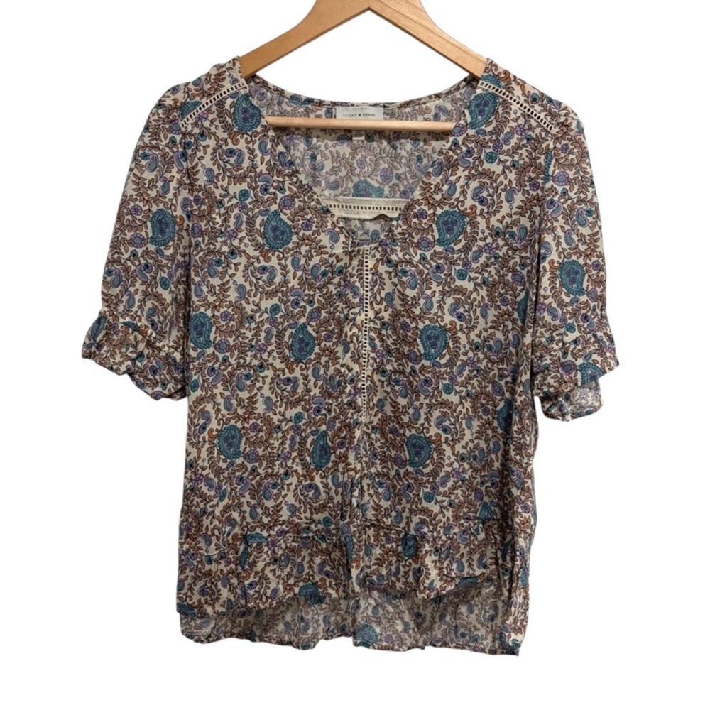 2/$25 Lucky Brand Floral Paisley Ruffle Hem V Neck Women's Blouse Size Lace